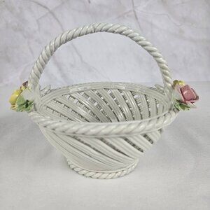 Nuova Capodimonte Porcelain Basket with Pink & Yellow Flowers Vintage Italy